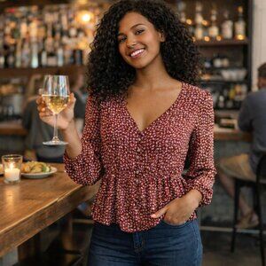 Madewell Red Floral Fit And Flare Longsleeve Top, Size XXS